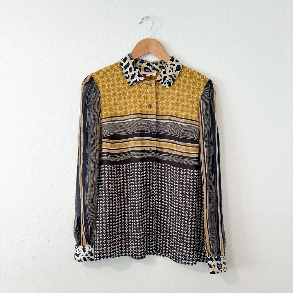 Tory Burch Silk Button Front Shirt Multicolor Multi Print Long Sleeve Collar
